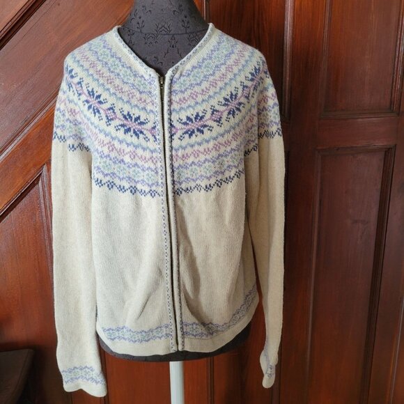 Alps Cream Pink Purple Fair Isle Snowflake zip Cardigan XL - Picture 1 of 6